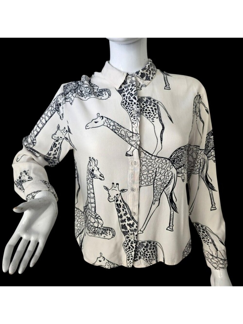 Jane+Delancey Giraffe Print Blouse Womens S Black Ivory Rayon Button Up Shirt